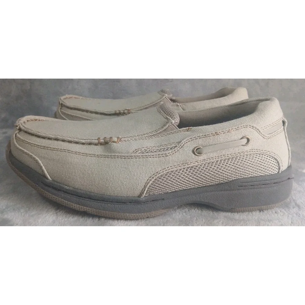 Dr Scholls Mens Slip On Loafers 8.5 Tan Beige Canvas Boat Shoes Advanced Comfort